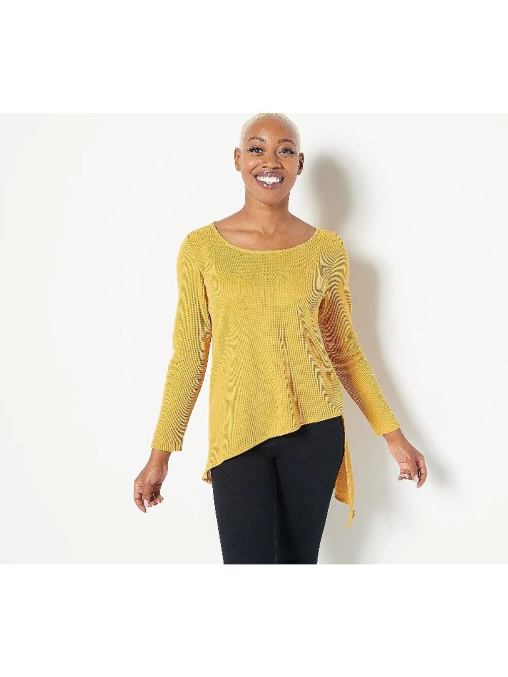 Attitudes by Renee Top Medium Asymmetric Hem Waffle Spicy Mustard Yellow NEW